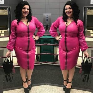Pink latex zip up wiggle dress with billowy sleeve
